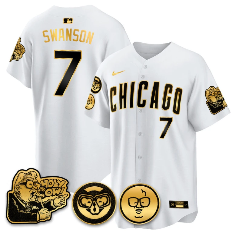 Dansby Swanson Jersey #7 Chicago Cubs Harry Caray Holy Cow Patch Premier Limited Stitched White Gold by My Store