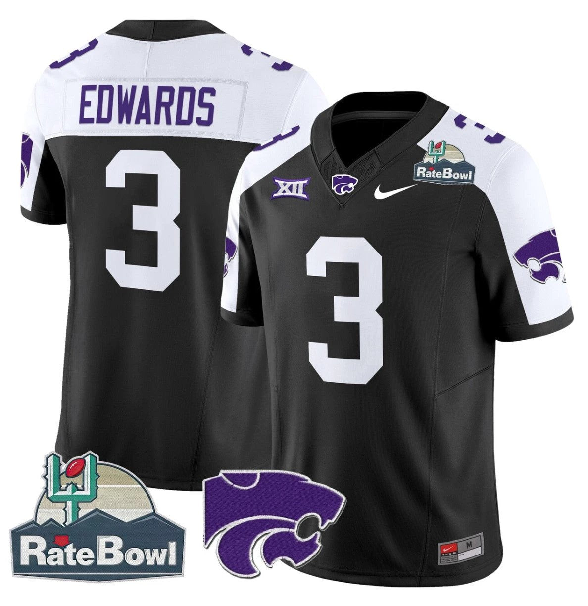 Dylan Edwards Jersey #3 Kansas State Wildcats 2025 Rate Bowl Patch Black Alternate by My Store