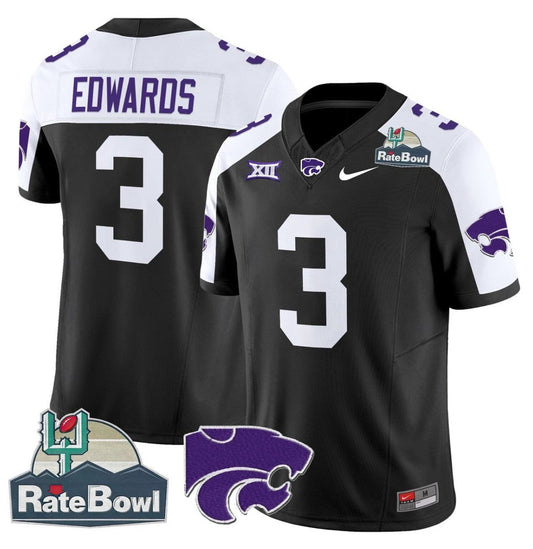 Dylan Edwards Jersey #3 Kansas State Wildcats 2025 Rate Bowl Patch Black Alternate by My Store