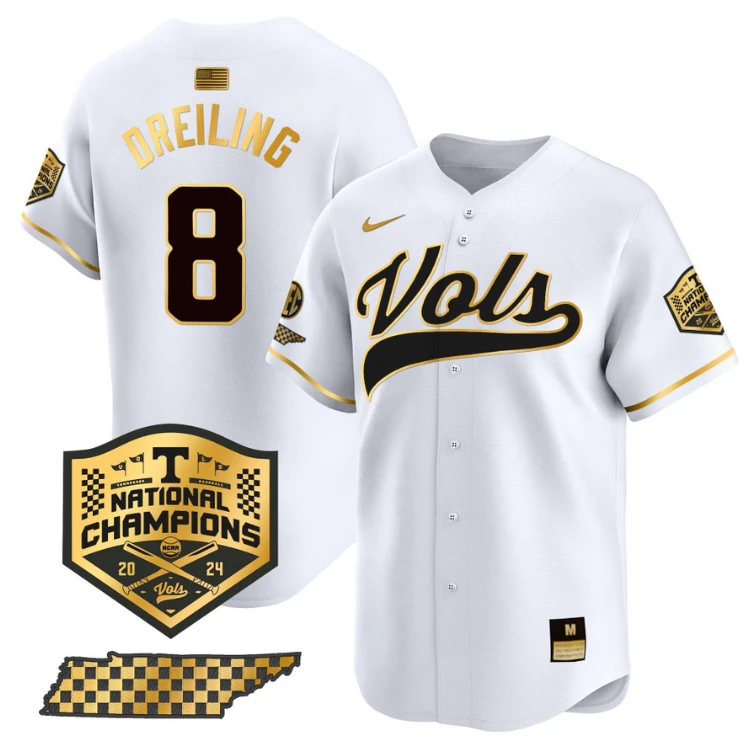 Dylan Dreiling Jersey #8 Tennessee Volunteers Baseball 2024 Champions Vapor Premier Limited White Gold by My Store