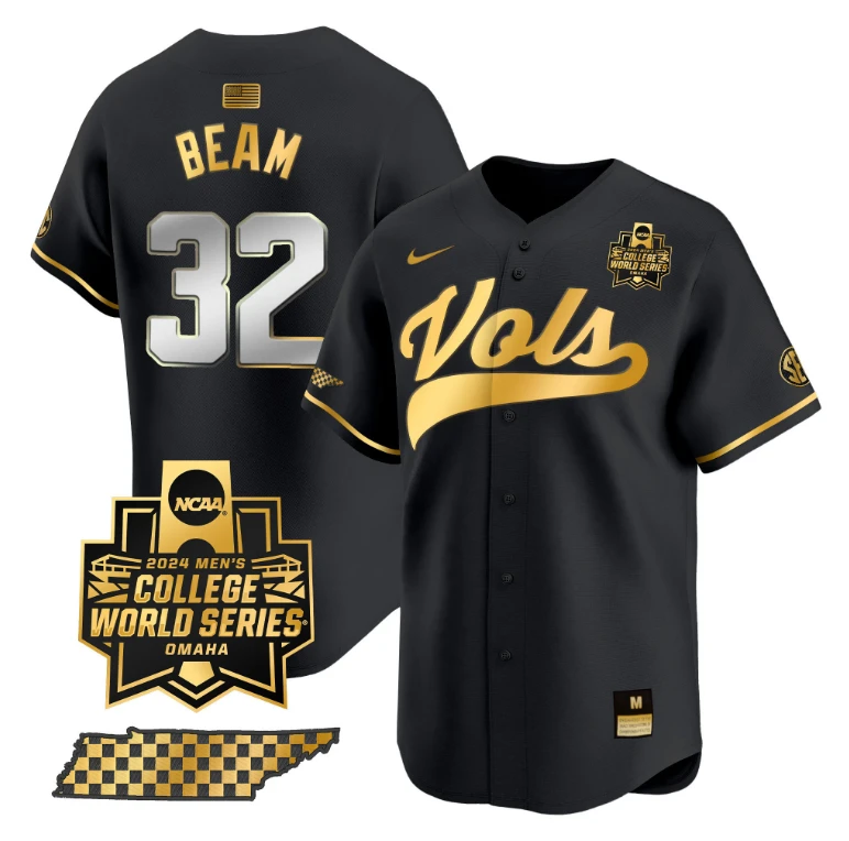 Drew Beam Jersey #32 Tennessee Volunteers 2024 College World Series Vapor Premier Limited NCAA Baseball Stitched Black Gold by My Store