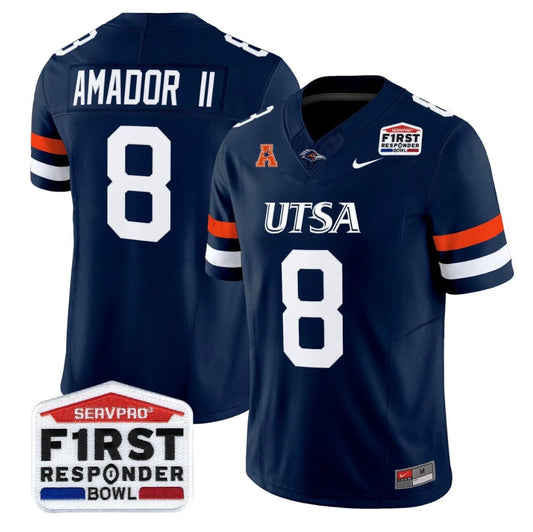 David Amador II Jersey #8 UTSA Roadrunners 2025 First Responder Bowl Navy by NCAA Football Jersey