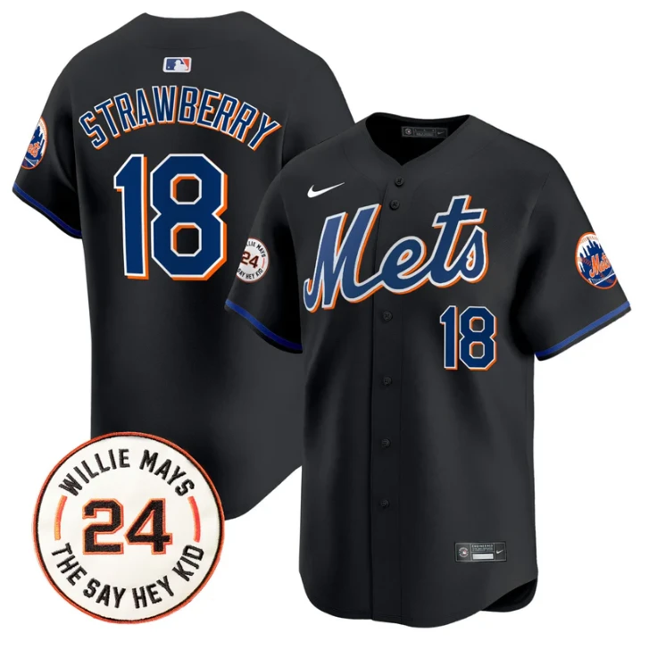 Darryl Strawberry Jersey #18 Mets Willie Mays Patch Vapor Premier Limited Stitched Black by My Store