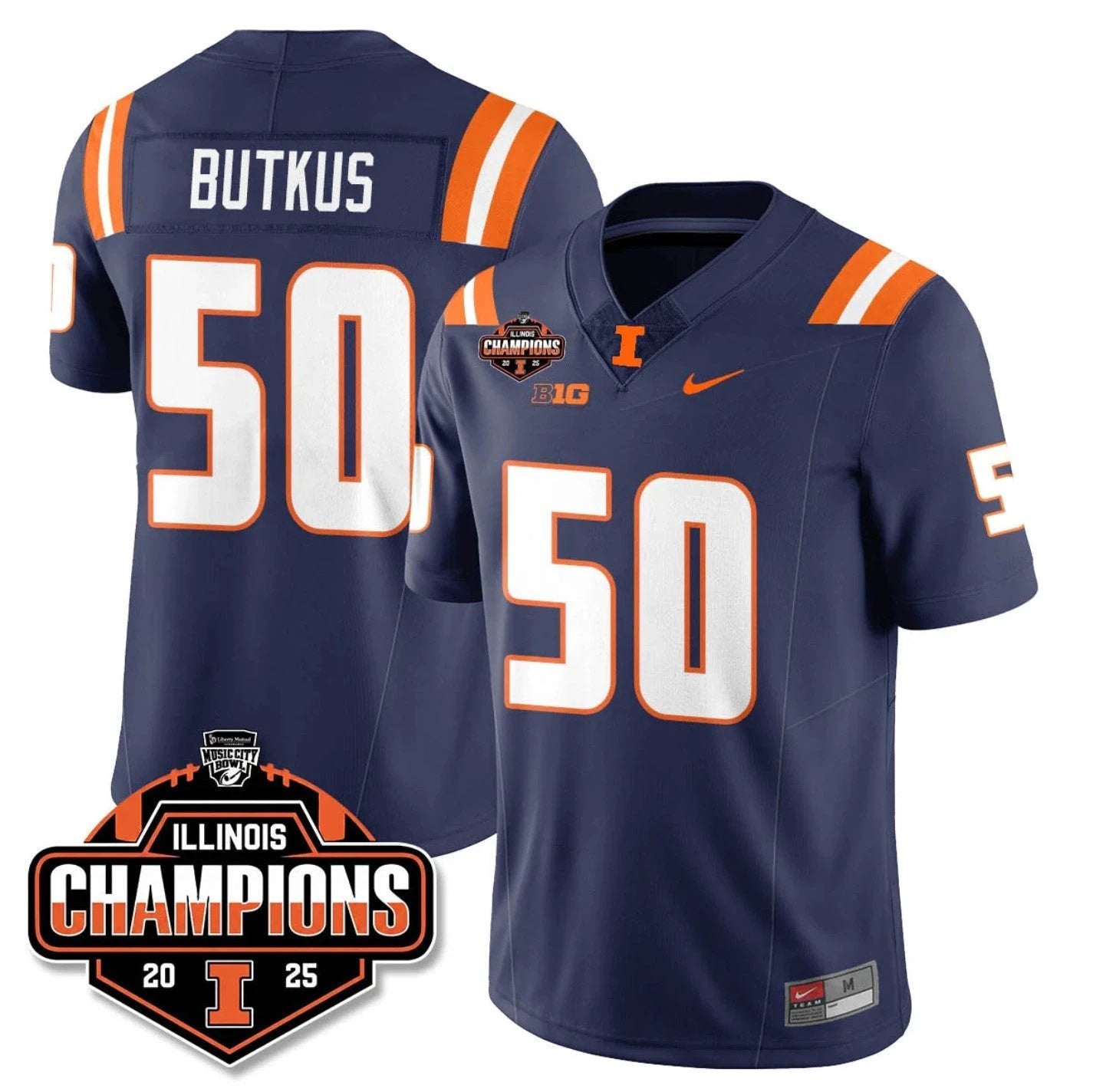 Dick Butkus Jersey #50 Illinois Fighting 2025 Music City Bowl Champions Navy by NCAA Football Jersey