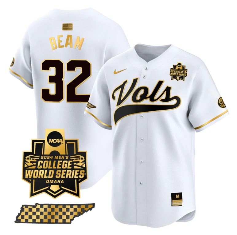 Drew Beam Jersey #32 Tennessee Volunteers 2024 College World Series Vapor Premier Limited NCAA Baseball Stitched White Gold by My Store