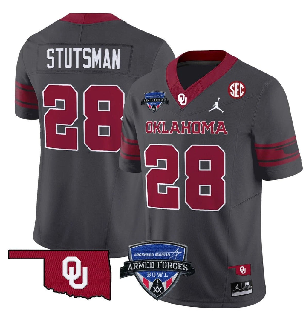 Danny Stutsman Jersey #28 Oklahoma Sooners 2025 Armed Forces Bowl Patch Anthracite by My Store