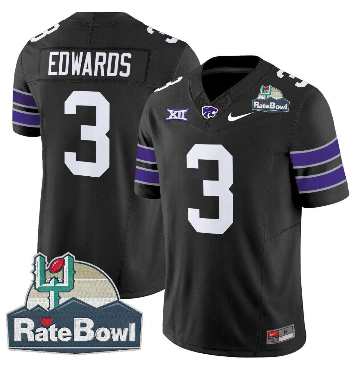 Dylan Edwards Jersey #3 Kansas State Wildcats 2025 Rate Bowl Patch Black by My Store