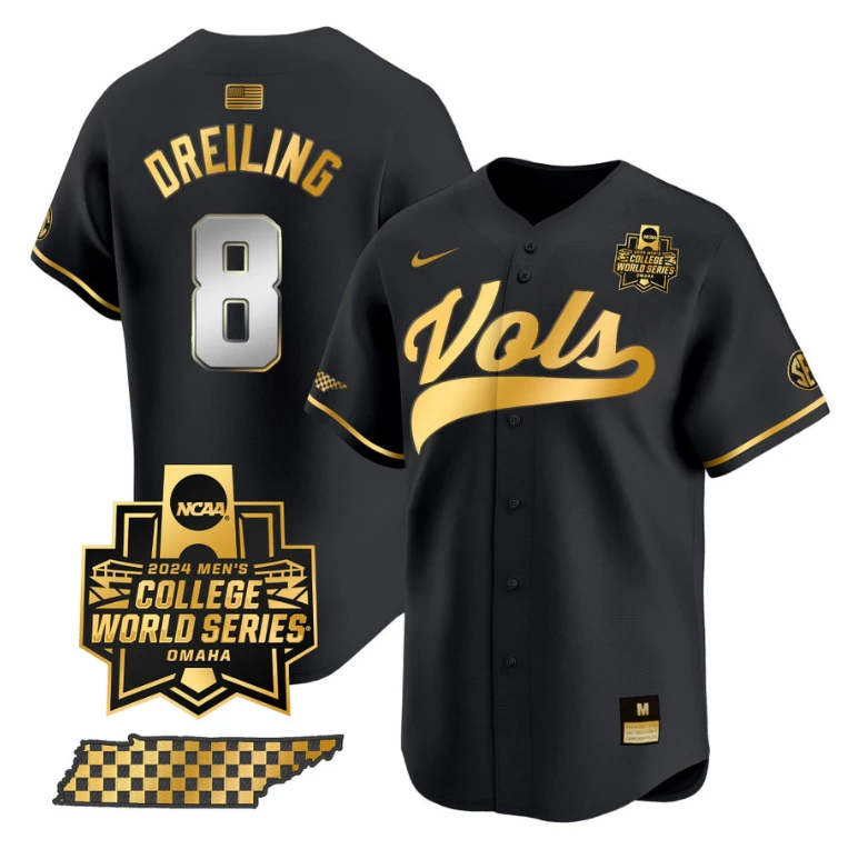 Dylan Dreiling Jersey #8 Tennessee Volunteers 2024 College World Series Vapor Premier Limited NCAA Baseball Stitched Black Gold by My Store