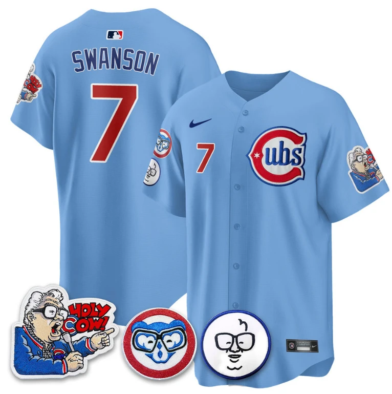 Dansby Swanson Jersey #7 Chicago Cubs Harry Caray Holy Cow Patch Premier Limited Stitched Blue by My Store