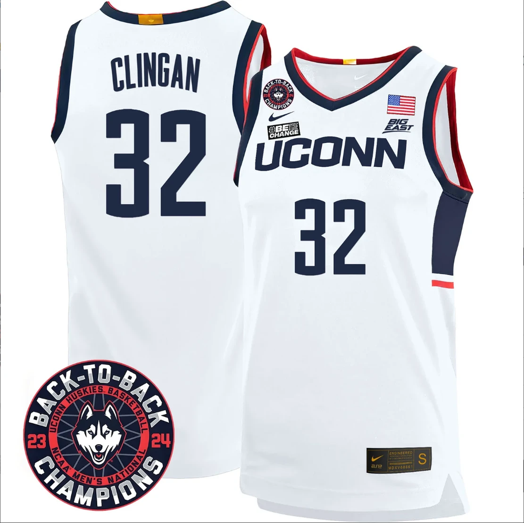 Donovan Clingan Jersey #32 UConn Huskies Basketball 2024 Back To Back Champions Patch White Home by My store basketball