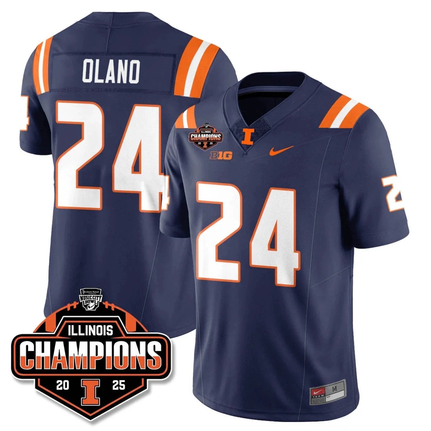 David Olano Jersey #24 Illinois Fighting 2025 Music City Bowl Champions Navy by NCAA Football Jersey