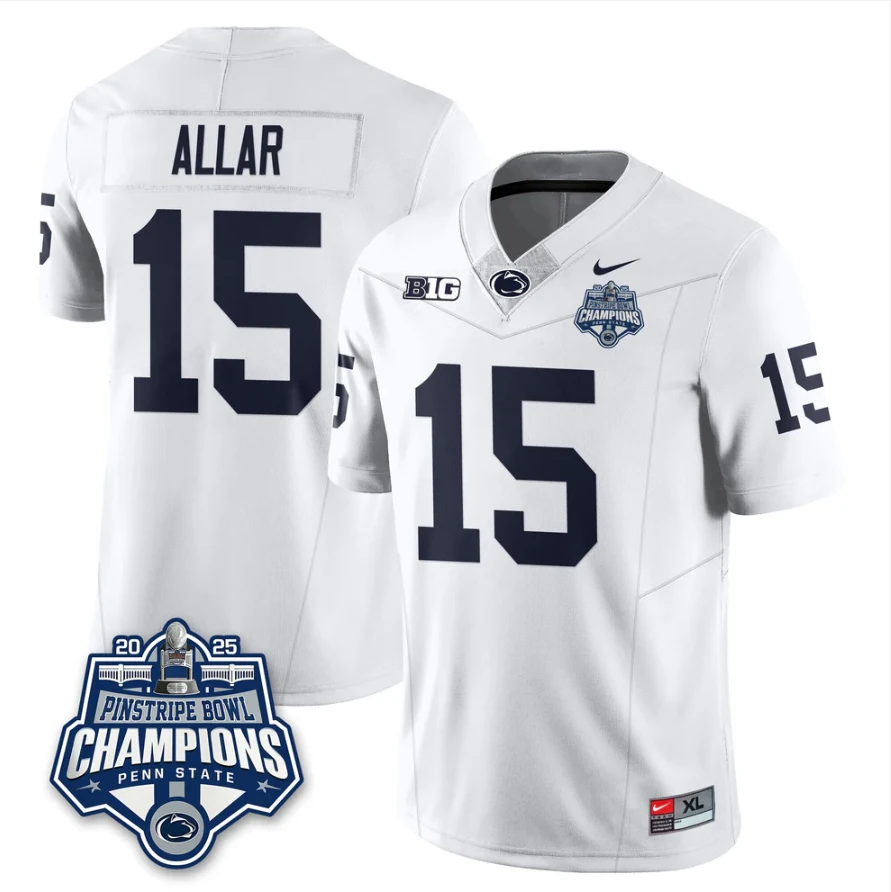 Drew Allar Jersey #15 Penn State 2025 Pinstripe Bowl Champions Stitched White by NCAA Football Jersey