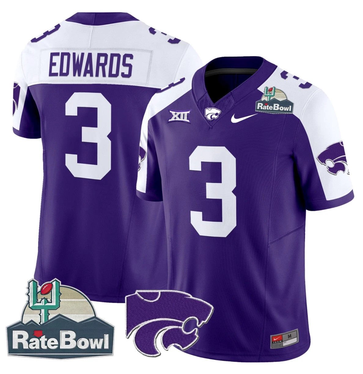 Dylan Edwards Jersey #3 Kansas State Wildcats 2025 Rate Bowl Patch Purple Alternate by My Store