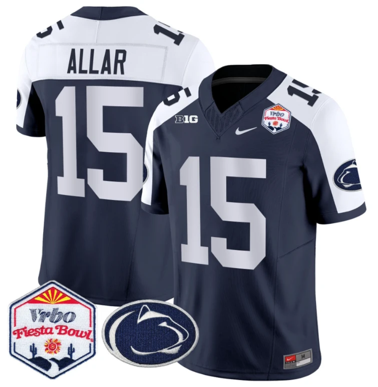 Drew Allar Jersey #15 Penn State 2024 Fiesta Bowl Patch Stitched Navy Alternate by NCAA Football Jersey