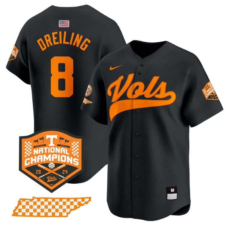 Dylan Dreiling Jersey #8 Tennessee Volunteers Baseball 2024 Champions Vapor Premier Limited Black by My Store