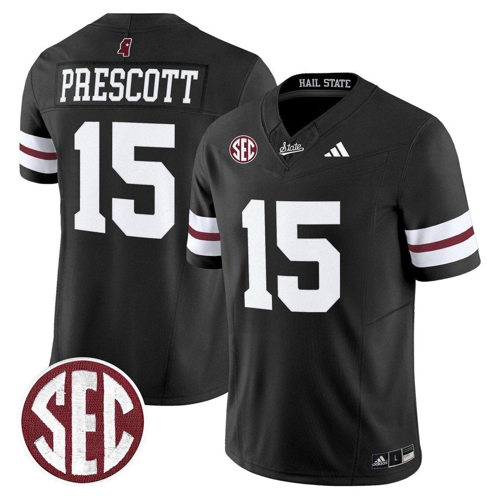 Dak Prescott Jersey #15 Mississippi State Bulldogs Dark Mode Stitched Black by My Store NCAA Football Jerseys