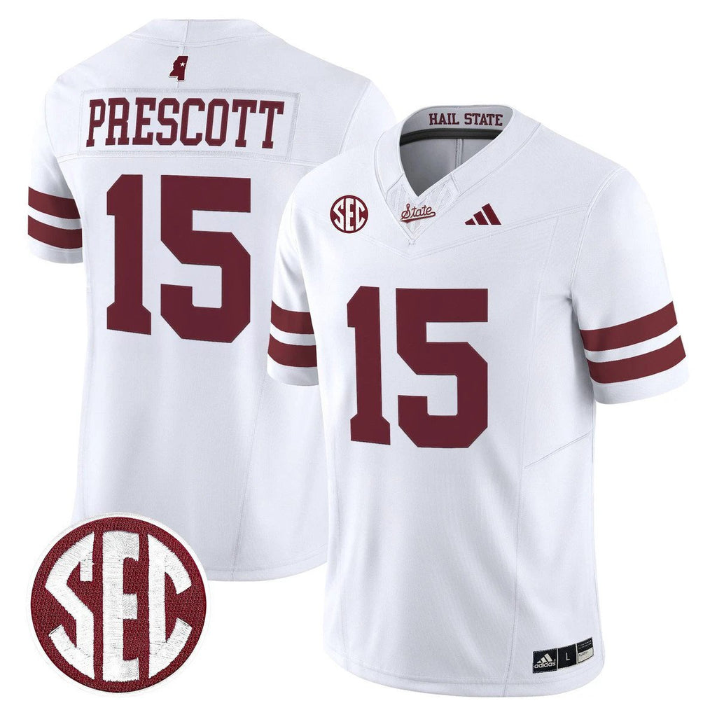 Dak Prescott Jersey #15 Mississippi State Bulldogs Dark Mode Stitched White by My Store NCAA Football Jerseys