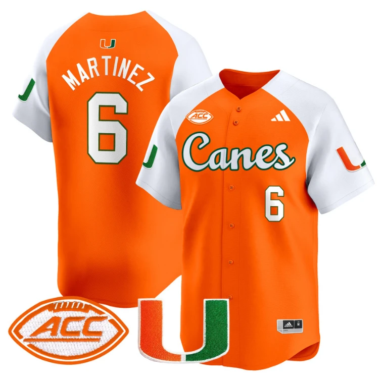 Damien Martinez Jersey #6 Miami Hurricanes 2024 Baseball V2 Orange Alternate by My Store
