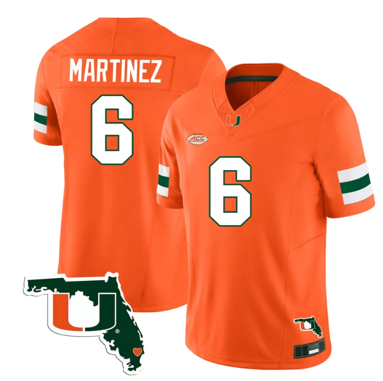 Damien Martinez Jersey #6 Miami Hurricanes Florida Map College Football Stitched Orange by My Store