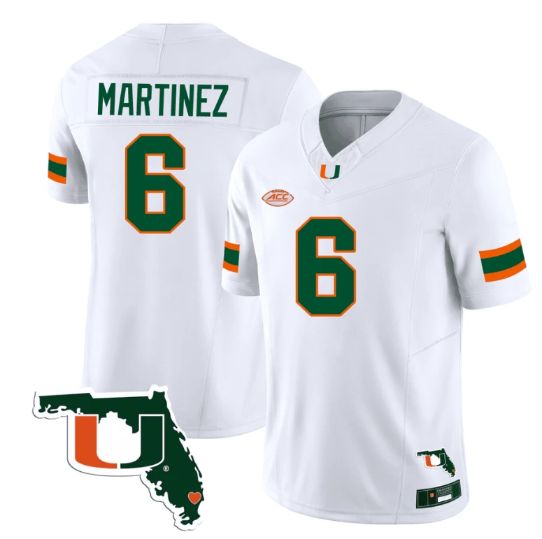 Damien Martinez Jersey #6 Miami Hurricanes Florida Map College Football Stitched White by My Store