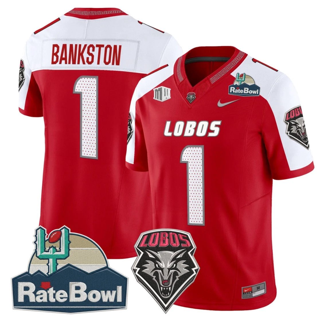 Damon Bankston Jersey #1 New Mexico Lobos 2025 Rate Bowl Vapor Stitched Red Alternate by NCAA Football Jersey
