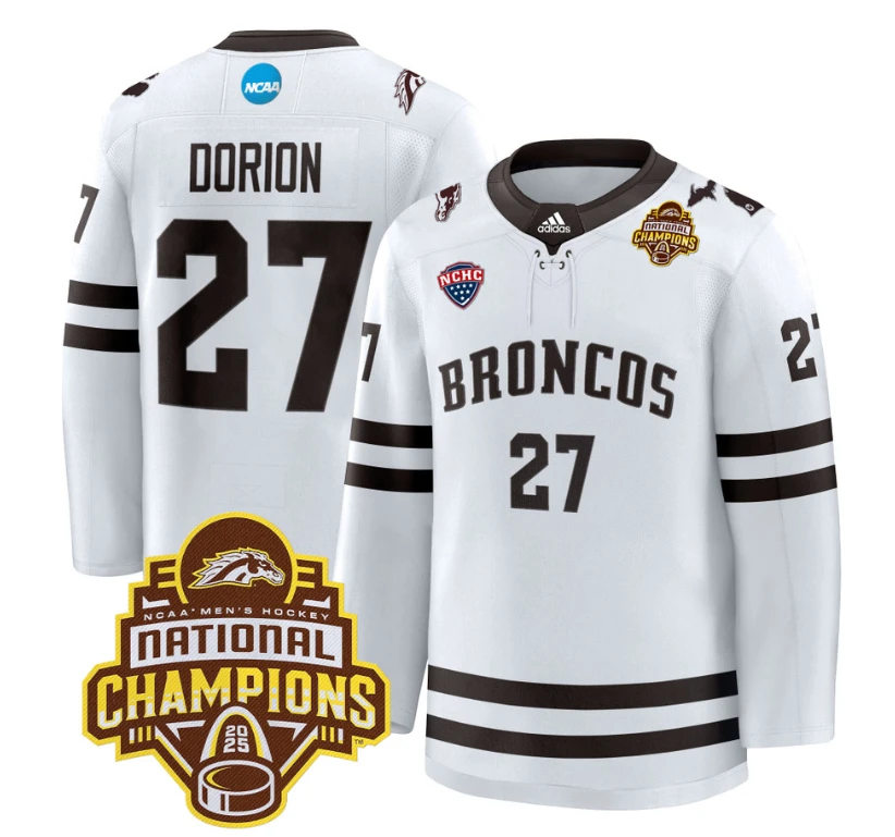 Dan Dorion Jersey #27 Western Michigan Broncos 2025 National Champions Patch Premium Stitched White by Hockey David