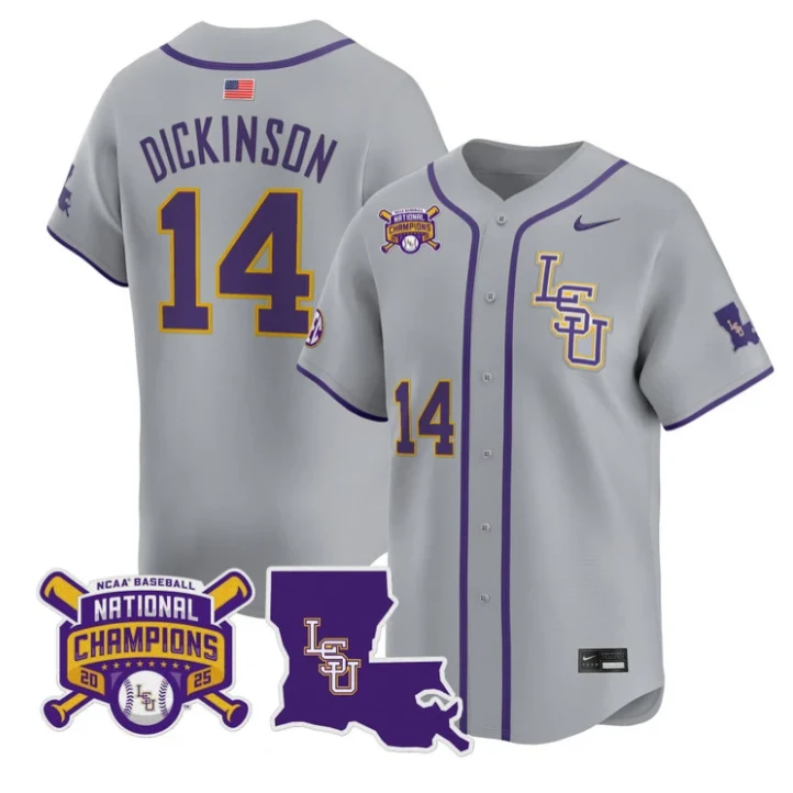 Daniel Dickinson Jersey #14 LSU Tigers 2025 World Series Champions Stitched Gray by My Store