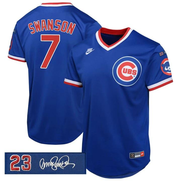 Dansby Swanson Jersey #7 Chicago Cubs Ryne Sandberg Tribute Patch Stitched Royal by Baseball Jerseys 7