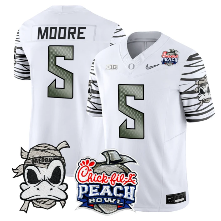 Dante Moore Jersey #5 Oregon Ducks Mummy Duck 2026 Peach Bowl White Limited by My Store NCAA Football Jerseys