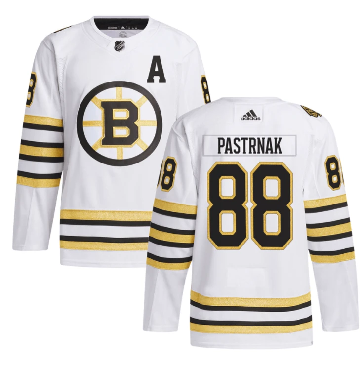 David Pastrňák 88 Boston Bruins 100th Anniversary Primegreen Away Men Jersey White by Hockey David