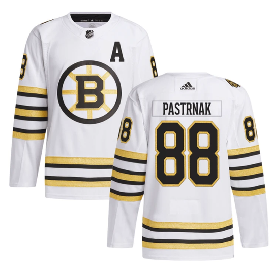 David Pastrňák 88 Boston Bruins 100th Anniversary Primegreen Away Men Jersey White by Hockey David