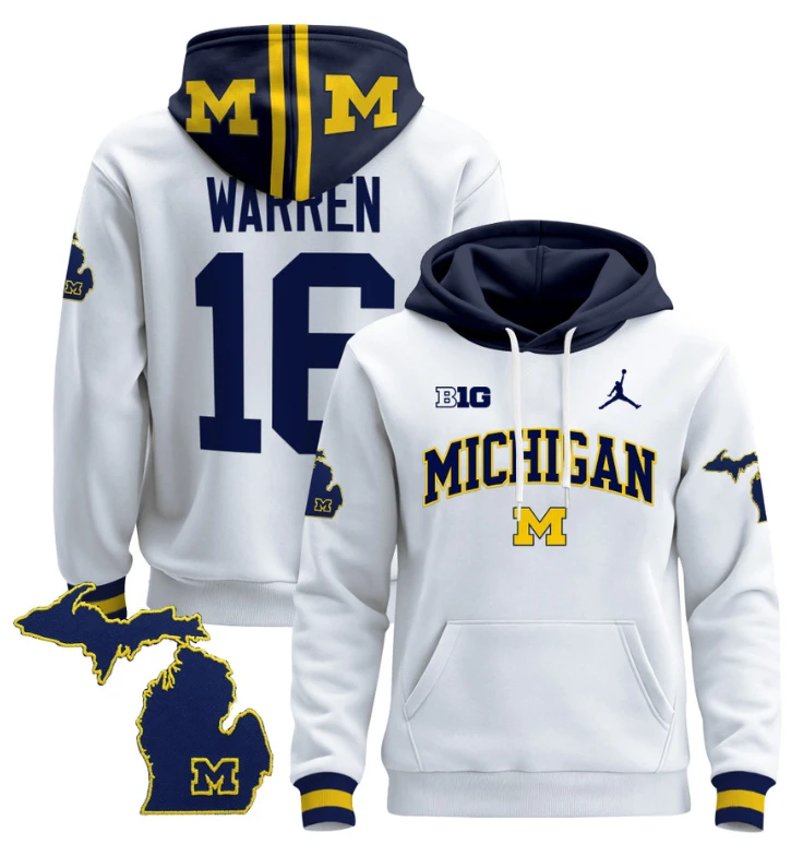 Davis Warren Hoodie #16 Michigan Wolverines 2024 Pullover V2 Maize Alternate by Hoodie Pullover