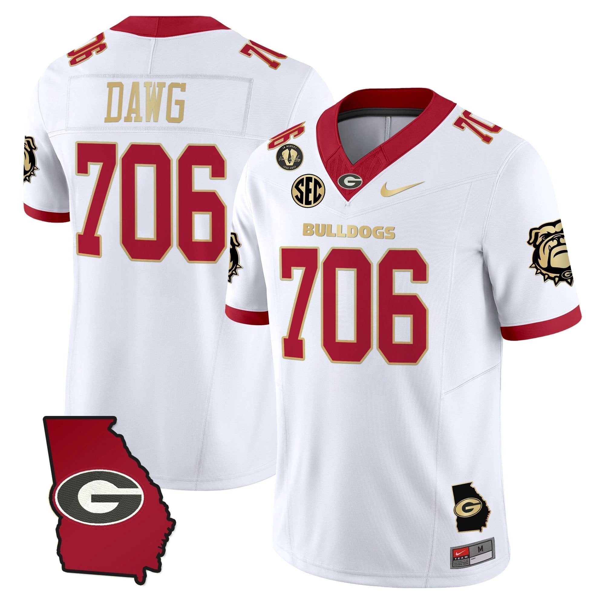 Dawg Jersey #706 Georgia Bulldogs 2025 Georgia Map, Vince Dooley Stitched White Gold Trim by My Store