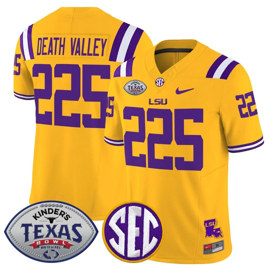 Death Valley Jersey #225 LSU Tigers 2025 Texas Bowl Vapor Stitched Gold by NCAA Football Jersey