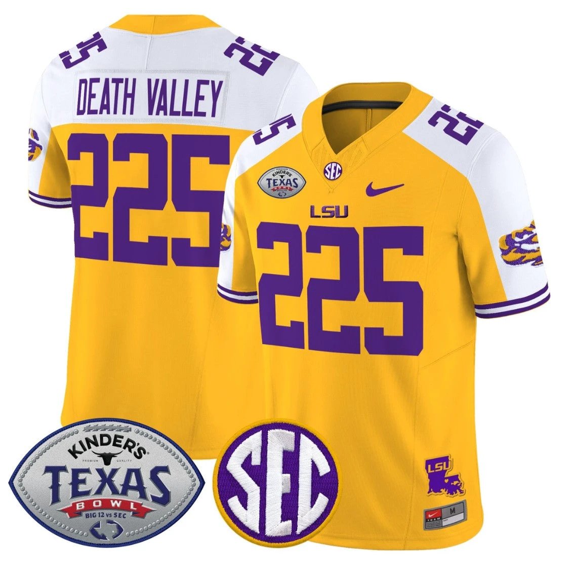 Death Valley Jersey #225 LSU Tigers 2025 Texas Bowl Vapor Stitched Gold Alternate by NCAA Football Jersey
