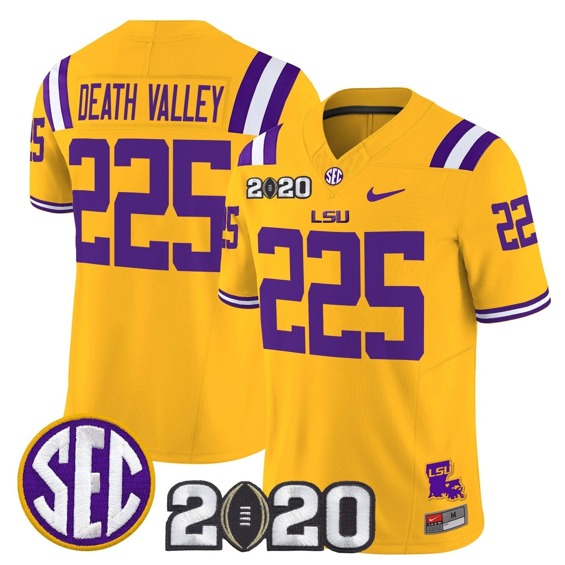 Death Valley Jersey #225 LSU Tigers 2020 National Champions Stitched Gold by My Store NCAA Football Jerseys