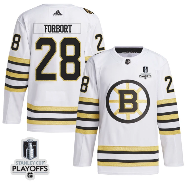 Derek Forbort 28 Boston Bruins 2024 NHL Playoffs Patch Away Jersey - Men, White by Hockey David