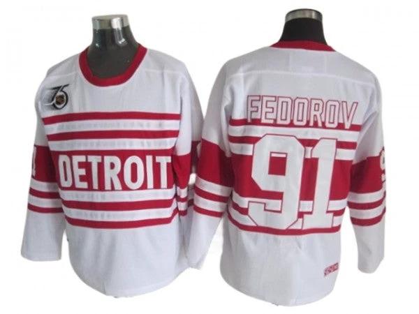 Detroit Red Wings #91 Sergei Fedorov White 75TH Vintage CCM Jersey by Hockey David