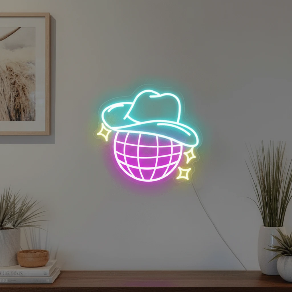 Disco Ball Neon Sign Cowgirl Hat Sign for Room Decor by Neonchics