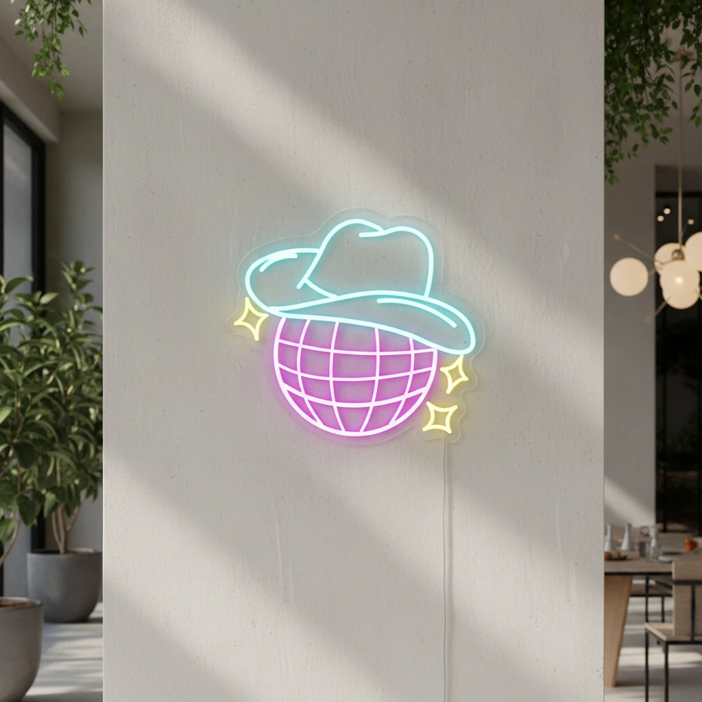 Disco Ball Neon Sign Cowgirl Hat Sign for Room Decor by Neonchics