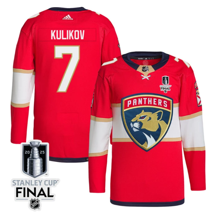 Dmitry Kulikov 7 Florida Panthers 2025 STANLEY CUP Final Patch Home Men Jersey Red by Hockey David