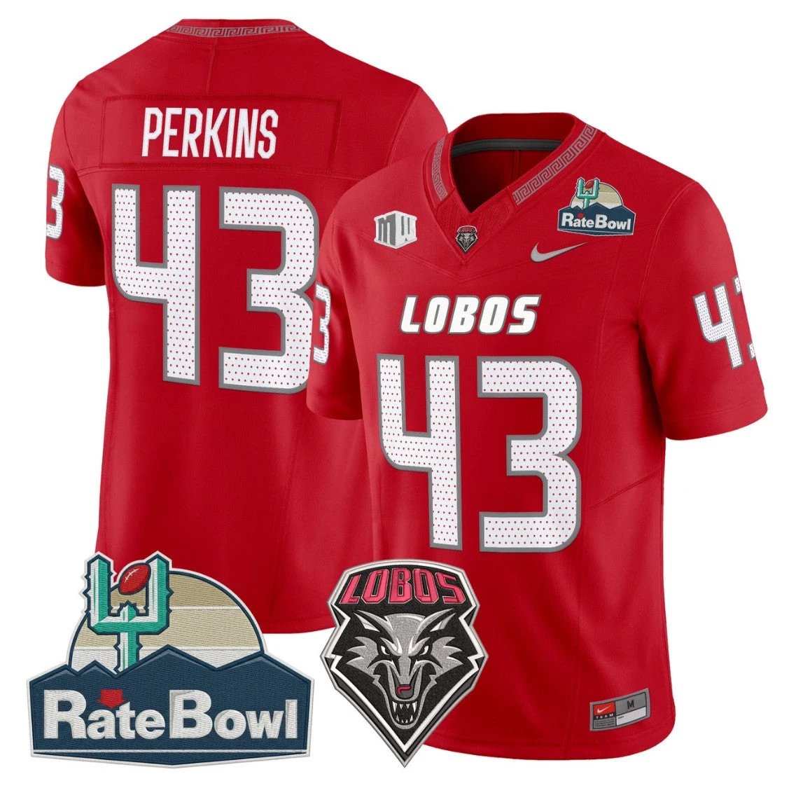 Don Perkins Jersey #43 New Mexico Lobos 2025 Rate Bowl Vapor Stitched Red by NCAA Football Jersey