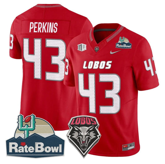 Don Perkins Jersey #43 New Mexico Lobos 2025 Rate Bowl Vapor Stitched Red by NCAA Football Jersey