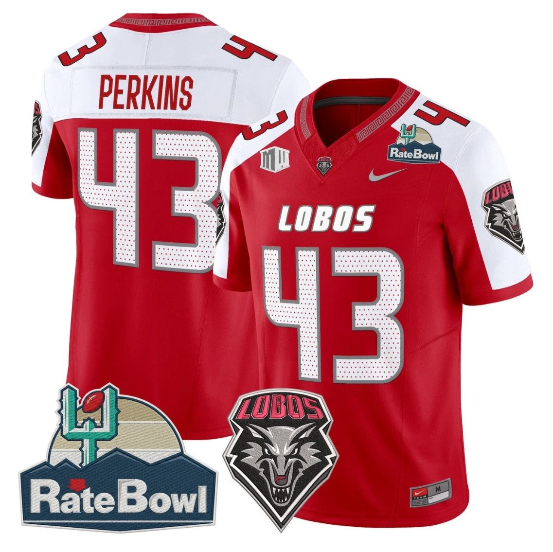 Don Perkins Jersey #43 New Mexico Lobos 2025 Rate Bowl Vapor Stitched Red Alternate by NCAA Football Jersey