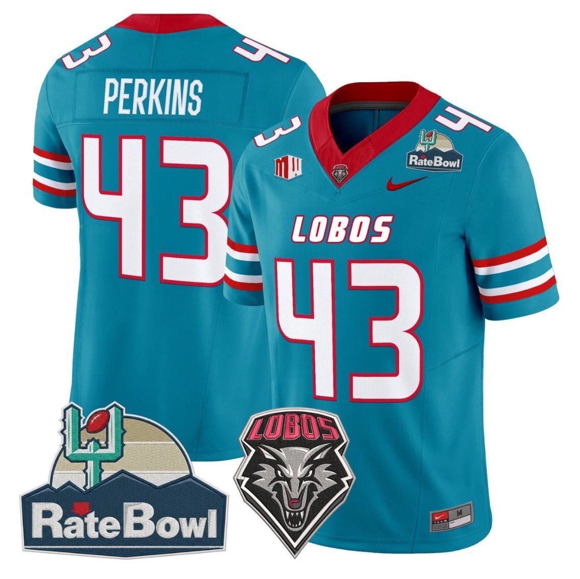 Don Perkins Jersey #43 New Mexico Lobos 2025 Rate Bowl Vapor Stitched Turquoise by NCAA Football Jersey