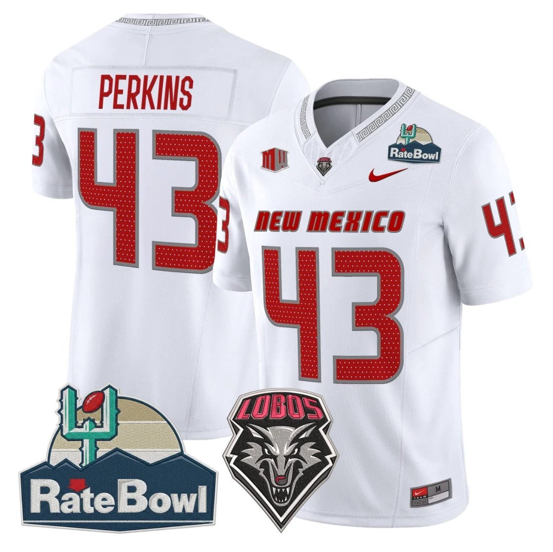 Don Perkins Jersey #43 New Mexico Lobos 2025 Rate Bowl Vapor Stitched White by NCAA Football Jersey