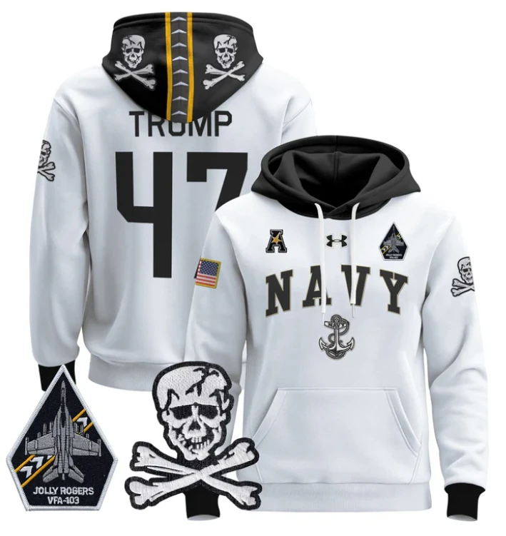 Donald Trump Hoodie #47 Navy Midshipmen Pullover Jolly Rogers Patch by Hoodie Pullover