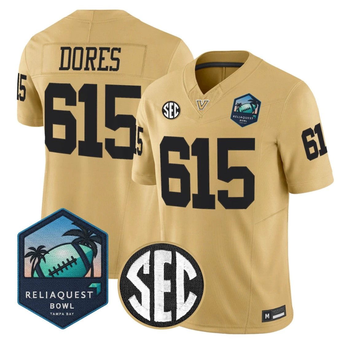 Dores Jersey #615 Vanderbilt Commodores 2025 ReliaQuest Bowl Stitched Gold by NCAA Football Jersey