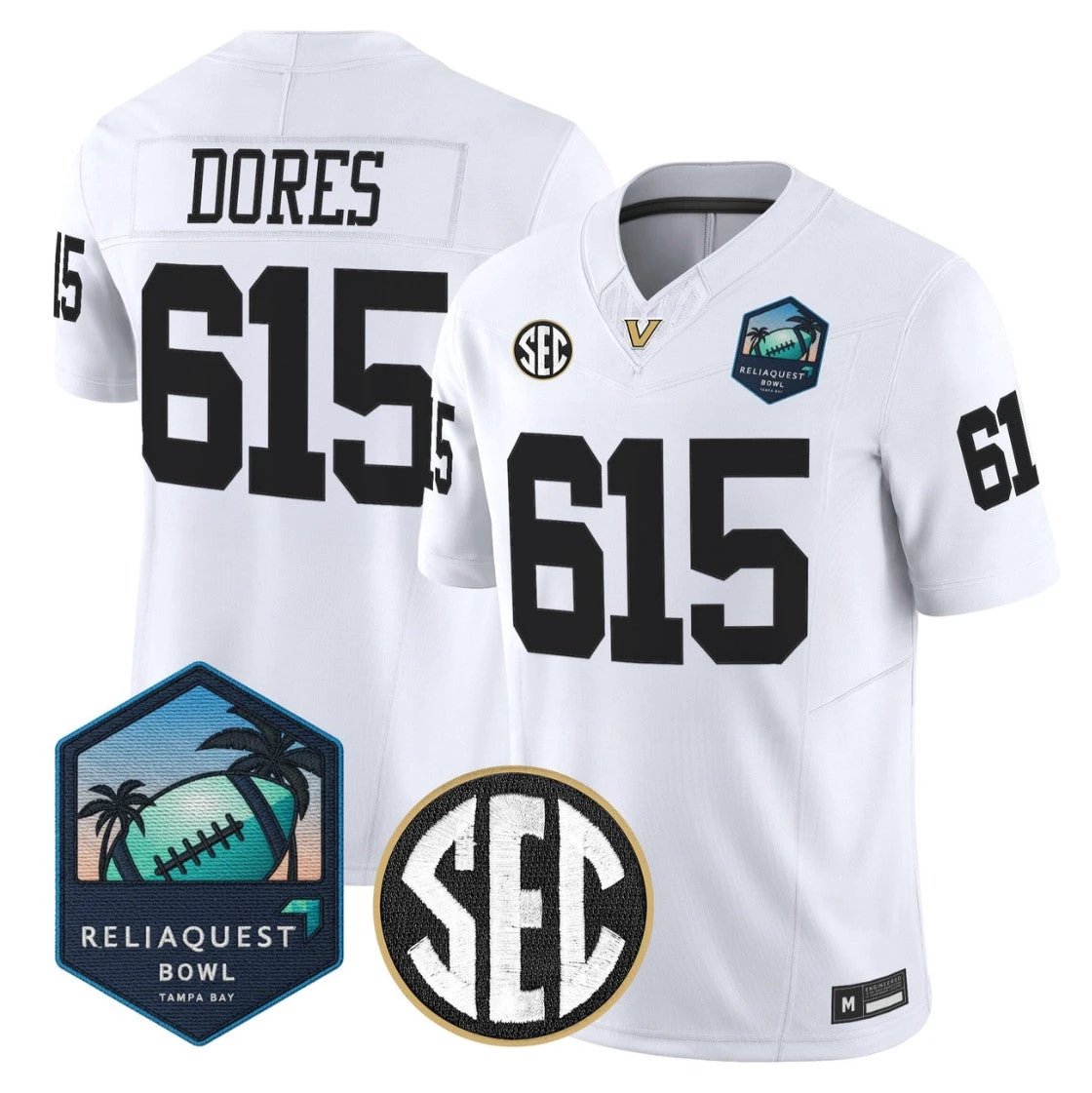 Dores Jersey #615 Vanderbilt Commodores 2025 ReliaQuest Bowl Stitched White by NCAA Football Jersey