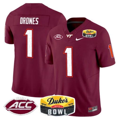 Kyron Drones Jersey #1 Virginia Tech Hokies 2025 Duke’s Mayo Bowl Patch Maroon by My Store
